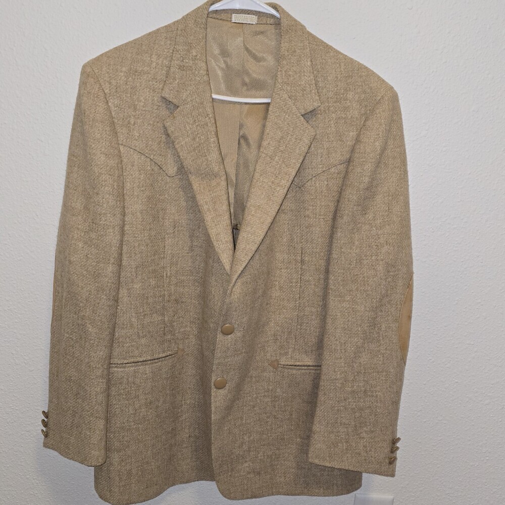 Vintage 1990 Dallas Western Tweed Blazer 42R Tan Suede Elbow Patch Cowboy Coat